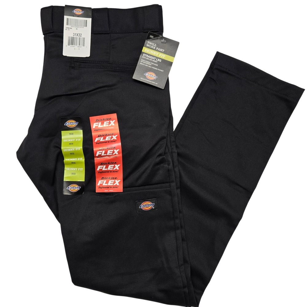 Dickies Mens Flex Skinny Fit Straight Leg Twill Work Pants Black 31x32 WP801BK